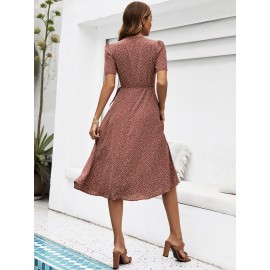 Summer Square Neck Short Sleeve Waist Polka Dot Dress Long