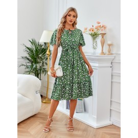 Printed Bow Round Neck Waist Women's Dresses