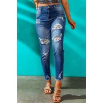 Dark Blue Washed Skinny Jeans with Distressed Leopard Print