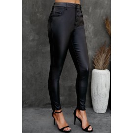 Faux Leather Button Fly High Waist Skinny Fit Pants