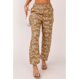 Orange Boho Floral Print Elastic Waist Jogger Pants