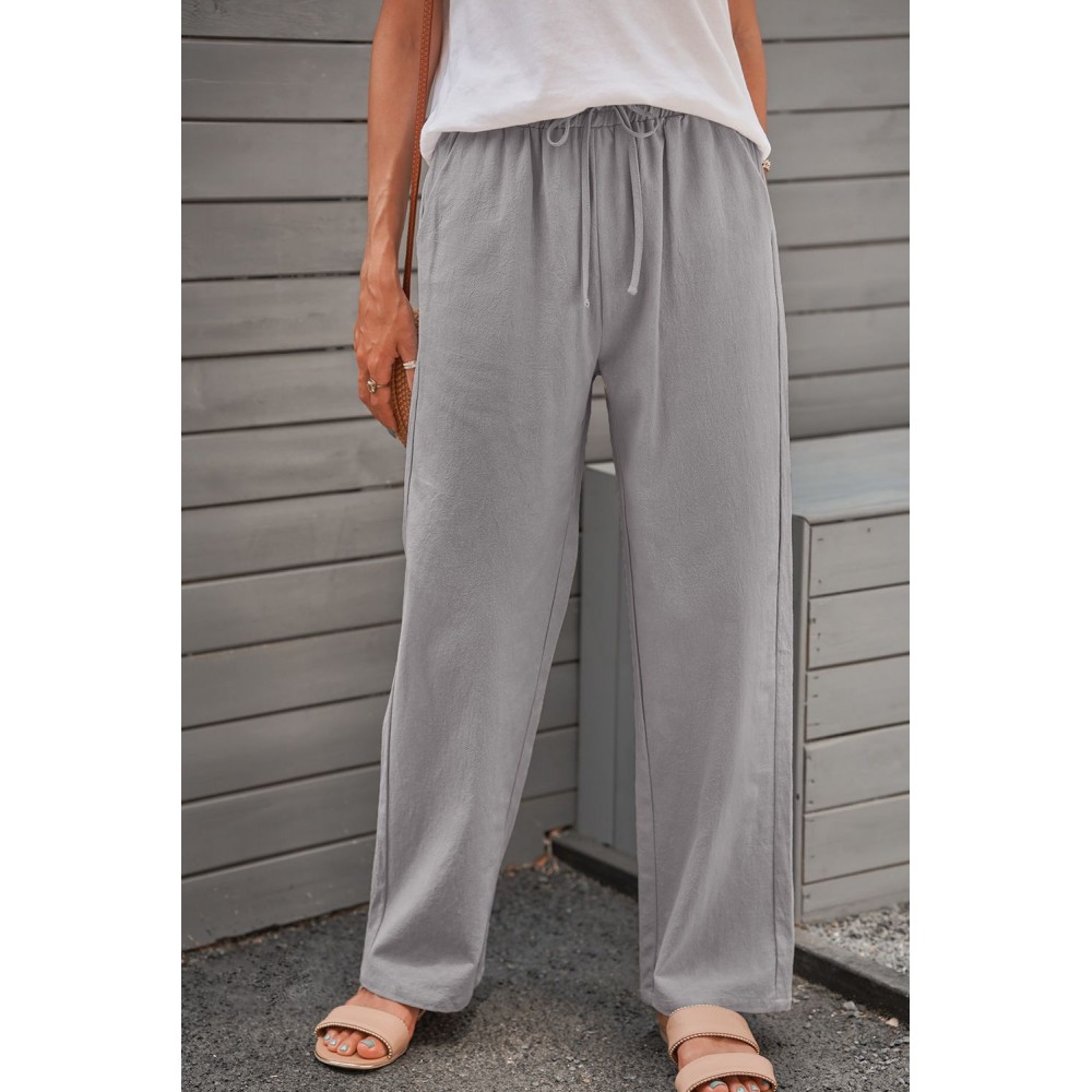 Gray Drawstring Elastic Waist Pockets Long Straight Legs Pants