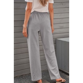 Gray Drawstring Elastic Waist Pockets Long Straight Legs Pants