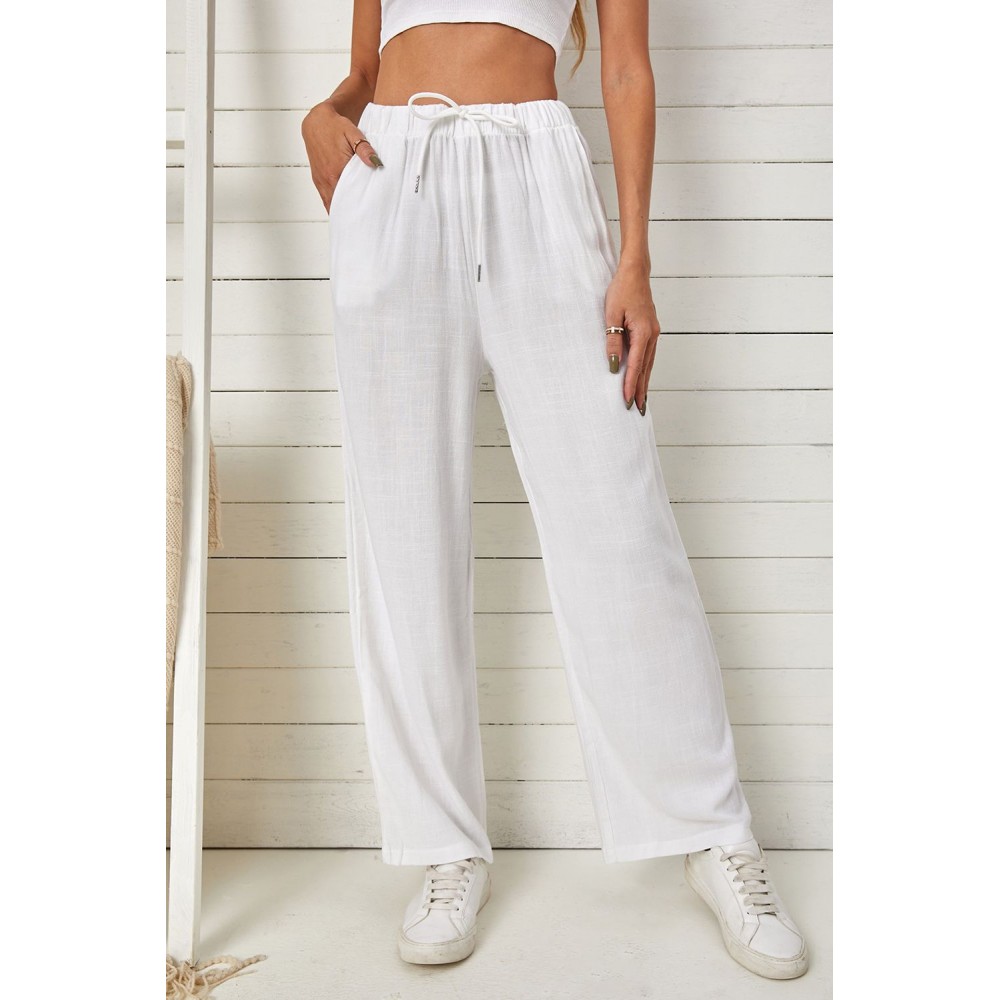 White High Waist Drawstring Wide Legs Casual Pants