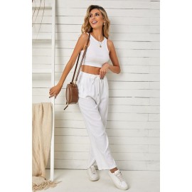 White High Waist Drawstring Wide Legs Casual Pants