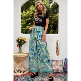 Green Floral Print Wide Leg Boho Pants