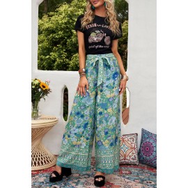 Green Floral Print Wide Leg Boho Pants