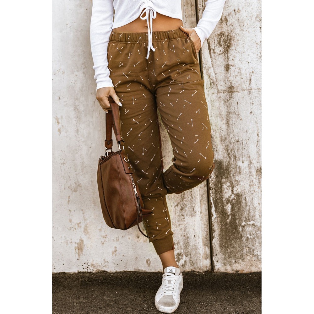 Brown Arrow Print Slim-fit High Waist Pants