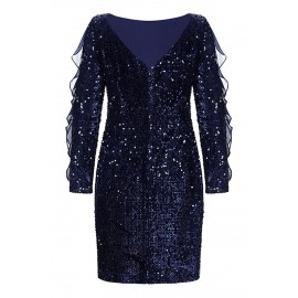 Sequin Frilled Long Sleeve Knee Length Dress