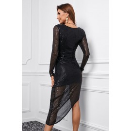 Black V Neck Long Sleeve Asymmetric Sequin Dress