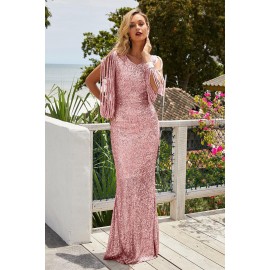 Pink Sequin Fringe Sleeve Prom Maxi Dress