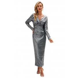 Silver Long Sleeve V Neck Twist Ruched Sequin Prom Maxi Dress