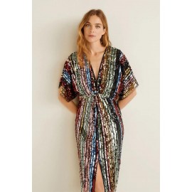 Multicolor Sequin Deep V Neck Tunic Dress