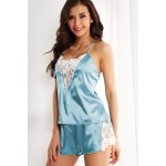 Blue Lace Decor Satin Sleepwear Cami Top and Shorts Pajama Set