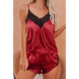 Red Lace V Neck Imitated Silk Pajamas Set