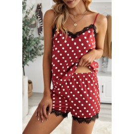 V Neck Sleeveless Lace Polka Dot Pajamas Set