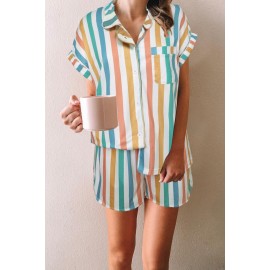 Multicolor Striped Turn-down Collared Pajamas Set