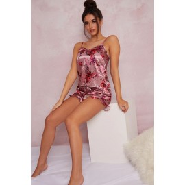 Floral Print Silky Like Cami Top Shorts Pajamas Set