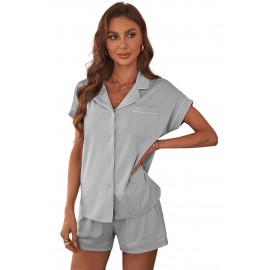 Gray Buttoned Short Sleeve Shirt and Shorts Pajamas Set