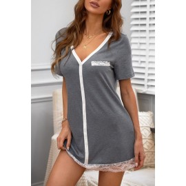 Gray Contrast V Neckline Lace Trim Sleep Dress