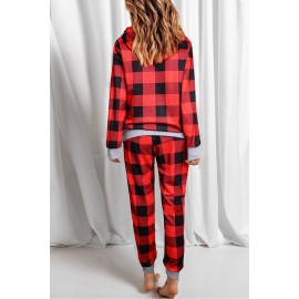 Red Plaid Pocket Drawstring Christmas Hooded Lounge Sets