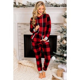 Red Plaid Pocket Drawstring Christmas Hooded Lounge Sets