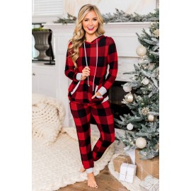 Red Plaid Pocket Drawstring Christmas Hooded Lounge Sets