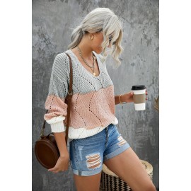 Pink Color Block Knitted Cut Out Pullover Sweater