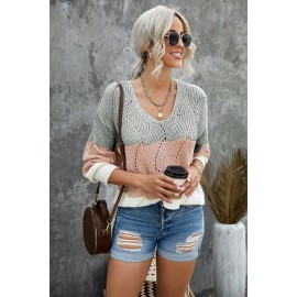 Pink Color Block Knitted Cut Out Pullover Sweater