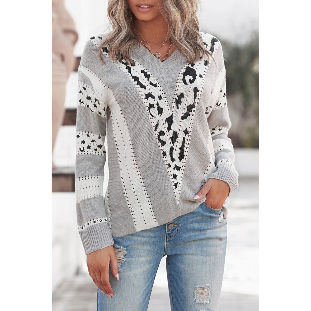 Gray Animal Print Accent V Neck Sweater