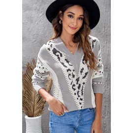 Gray Animal Print Accent V Neck Sweater