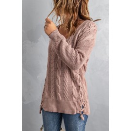 Pink Love Letters Cable Knit Lace Up Sweater