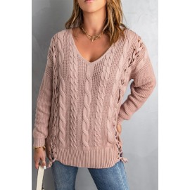 Pink Love Letters Cable Knit Lace Up Sweater