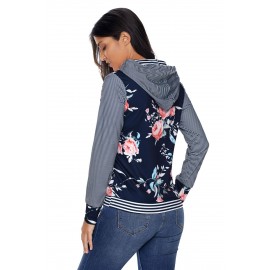 Dark Blue Pinstripe Accent Floral Print Drawstring Hoodie