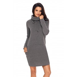 Grey Drawstring Cowl Neck Sweatshirt Dress