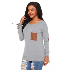 Gray Lace up Sleeve Front Pocket Womens Casual Sweatshirt