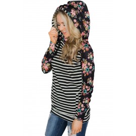 Floral Splice Black Striped Drawstring Hoodie