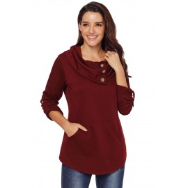 Burgundy Cowl Neck Kangaroo Pocket Pullover Top