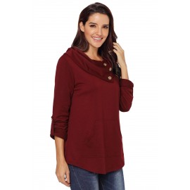 Burgundy Cowl Neck Kangaroo Pocket Pullover Top