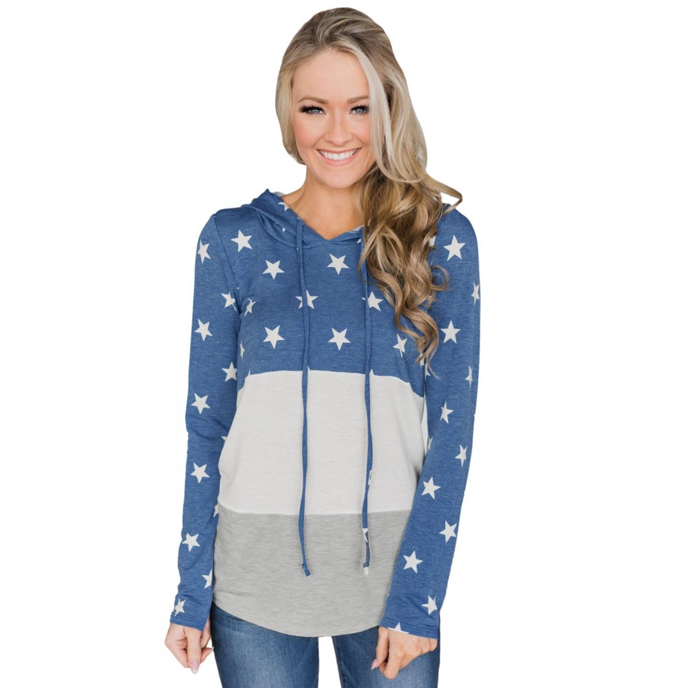 Navy Starry Splice Colorblock Drawstring Hoodie