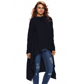 Navy Blue Plain Drawstring Irregular Oversize Hoodie